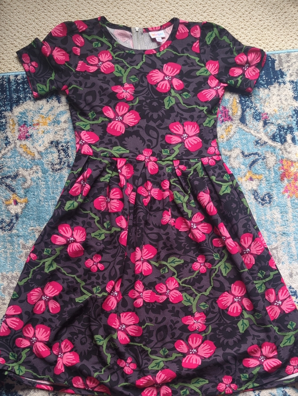 LuLaRoe Black Dress with Bright Pink Floral Print